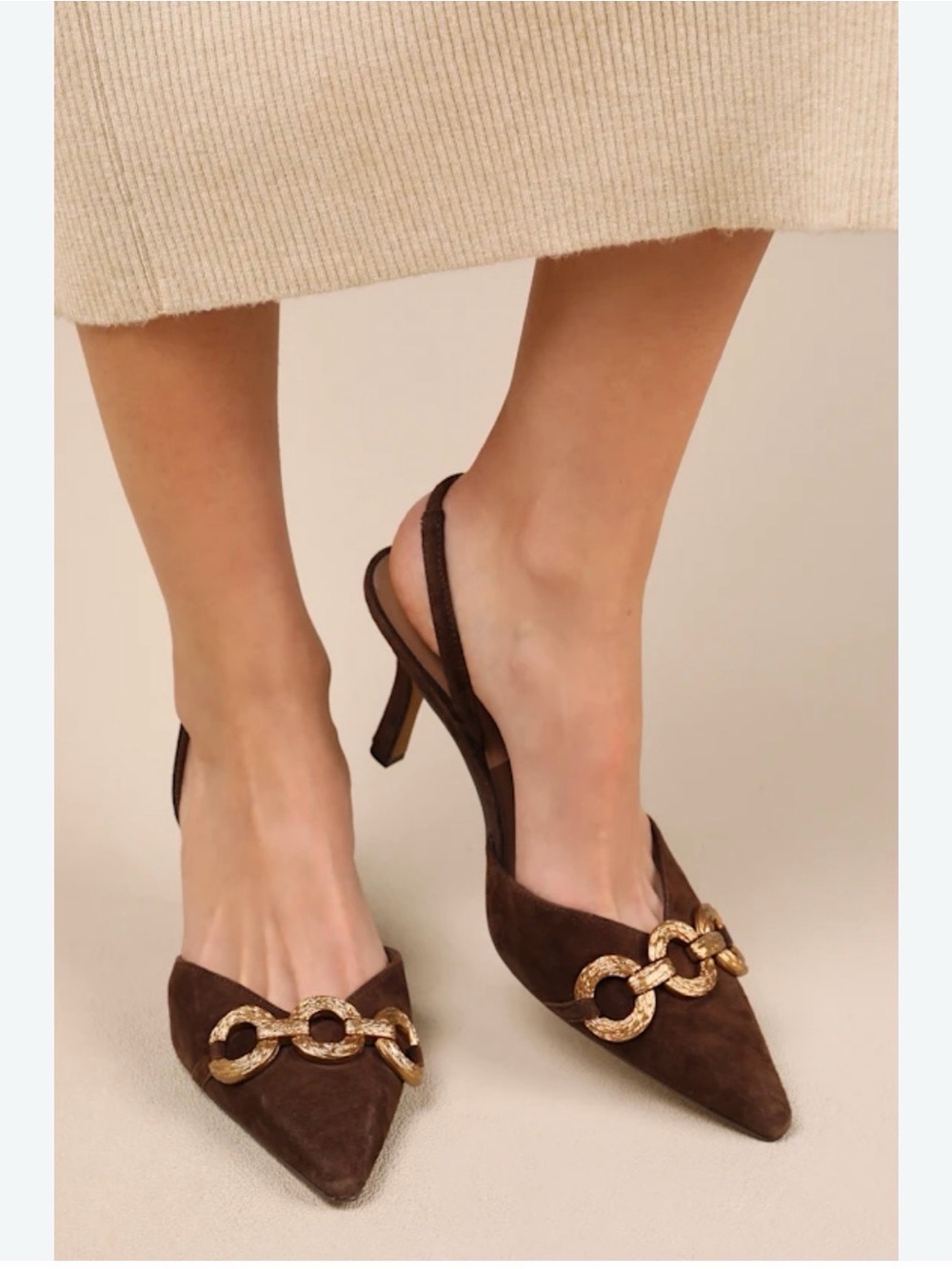Dolce Vita Haylee Brown Suede Pointed Slingback Pumps with Gold Chain 8.5